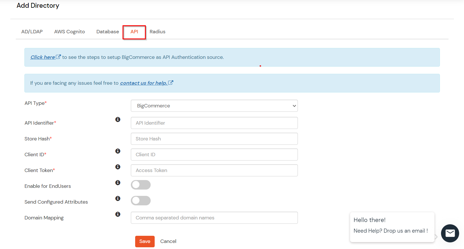 BigCommerce IDP - Switch to API tab to configure BigCommerce