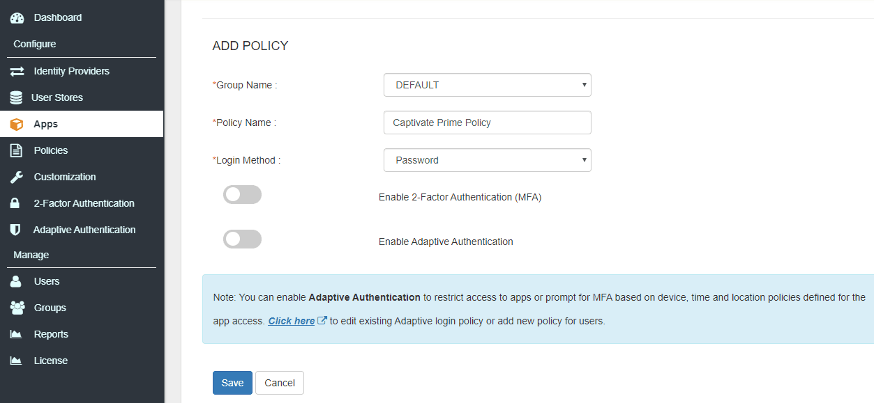 Adobe Captivate Single Sign On (sso) add policy