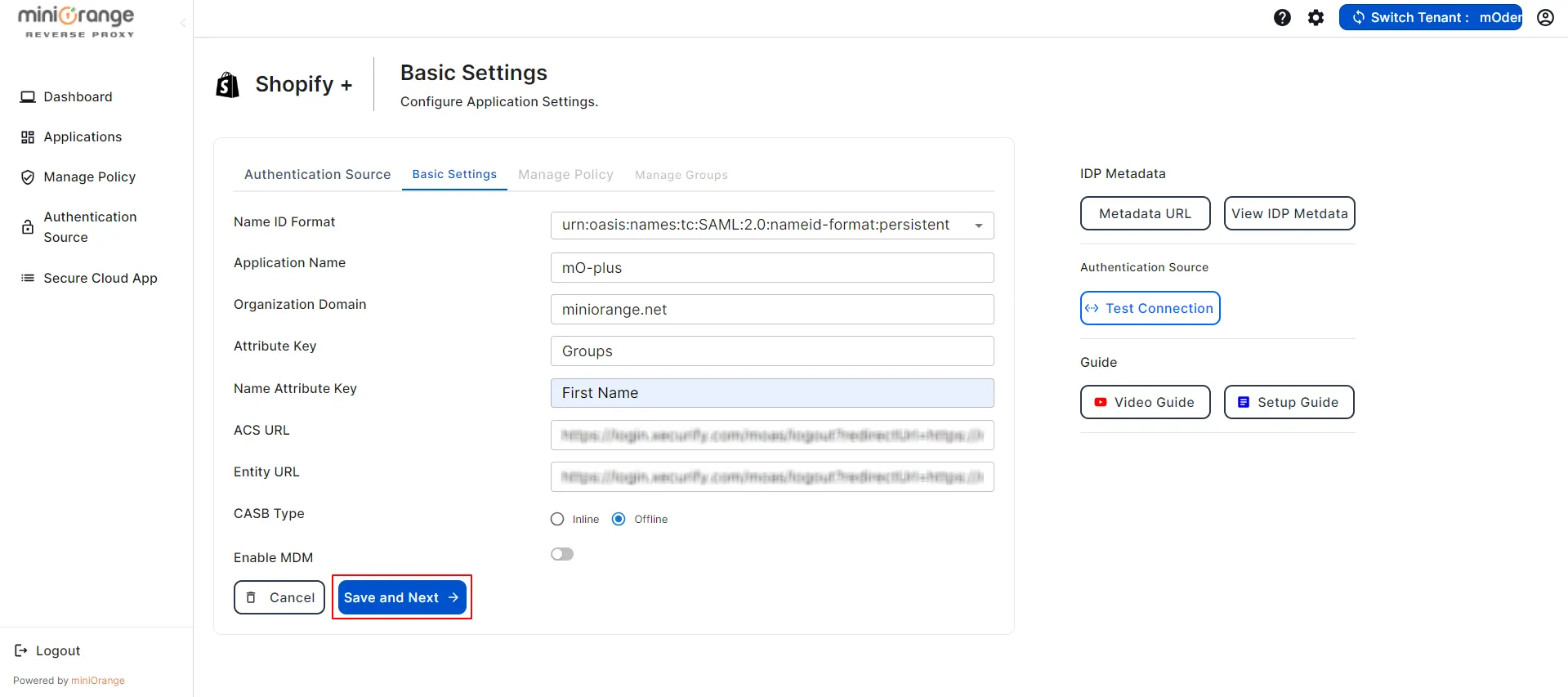 shopify plus CASB Basic Settings Details