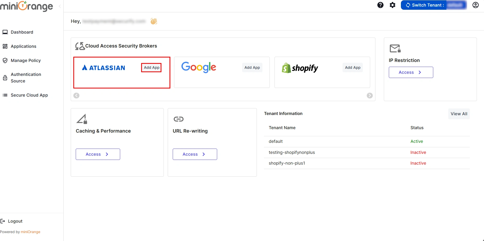 Atlassian CASB Access Restriction authentication method dashboard