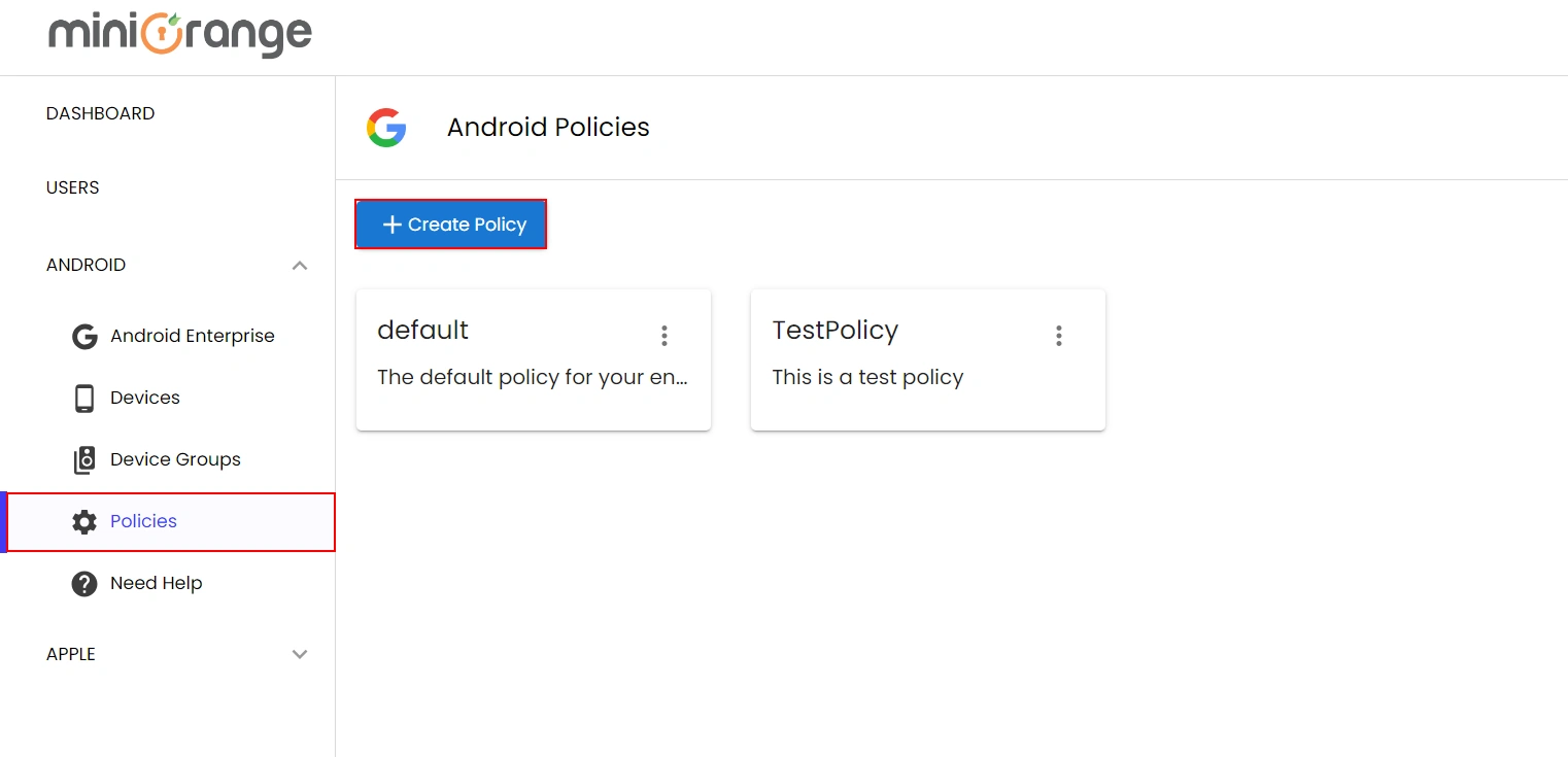 create new policy for android device