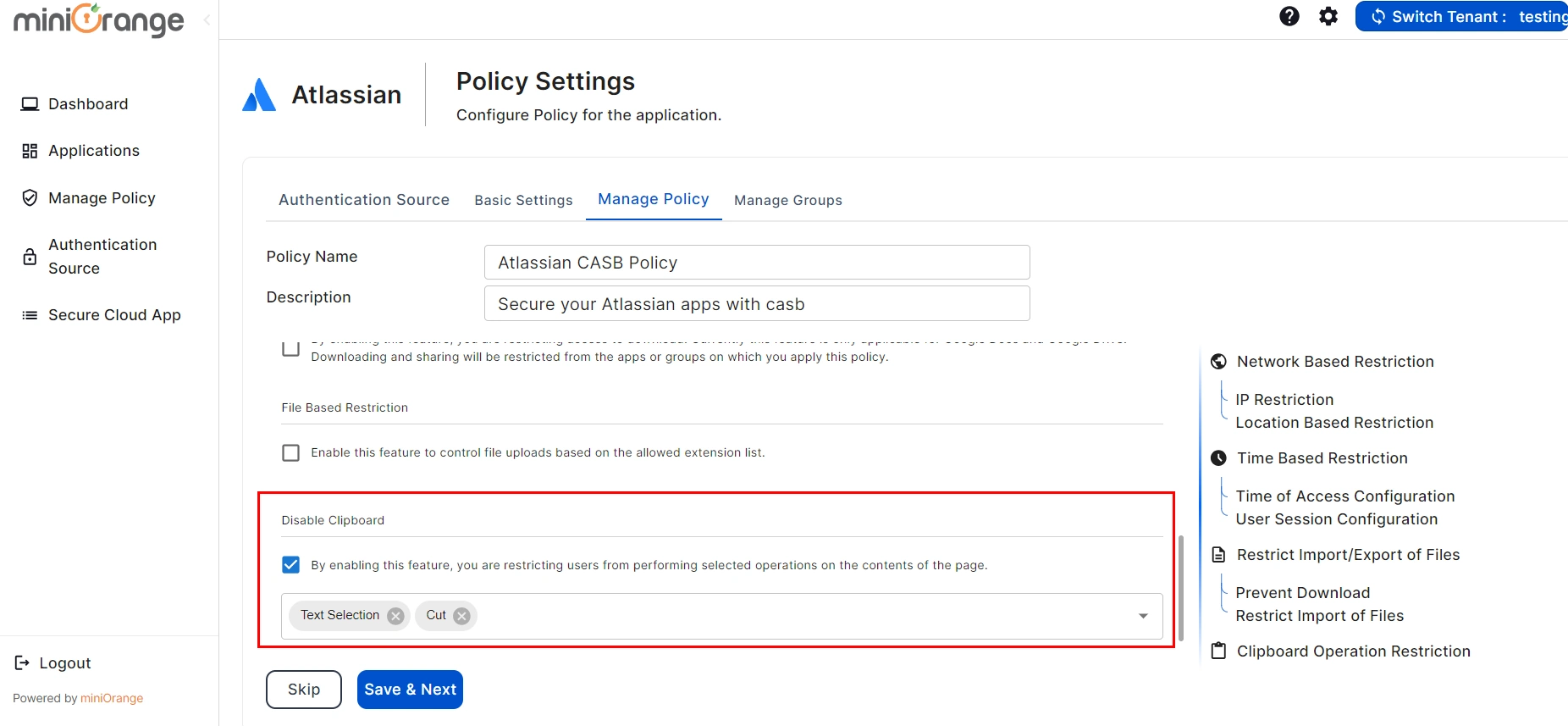 setup atlassian CASB- click on Enable Disable cop