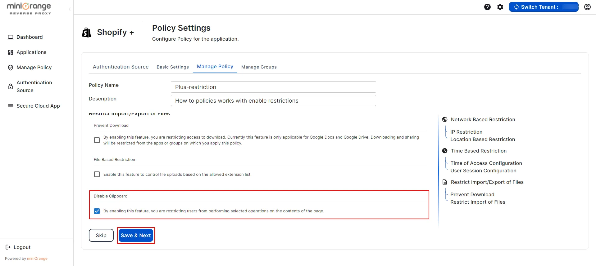 shopify plus CASB policies Enable Prevent Download