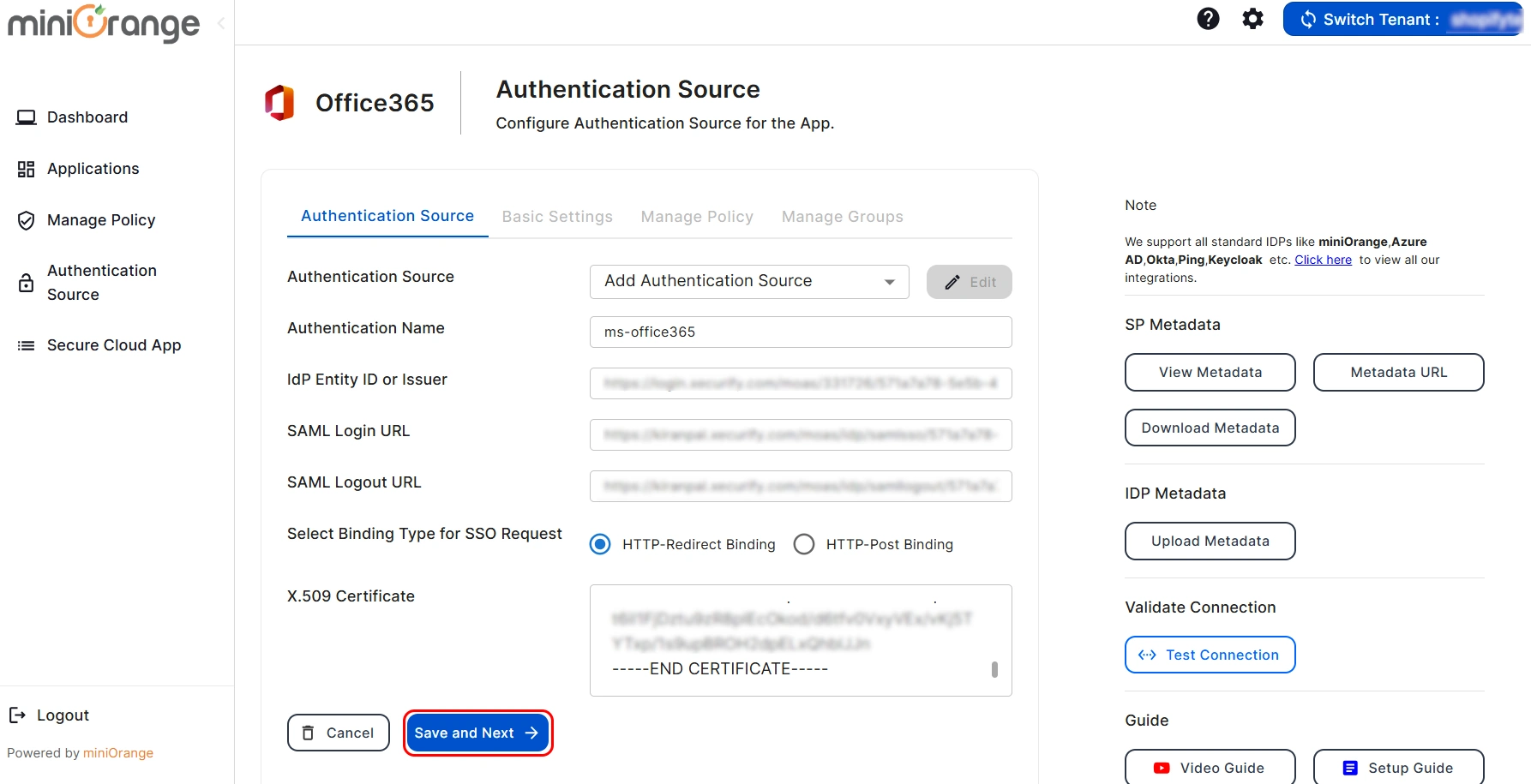 microsoft office365 CASB Access Restriction SP metadata IDP Details