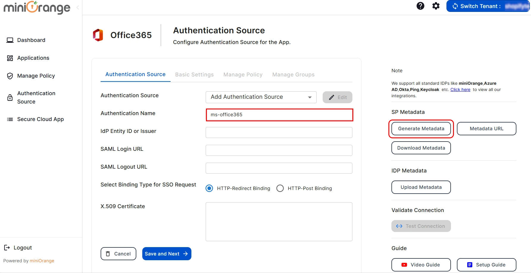 microsoft office365 CASB Authentication Generate Metadata