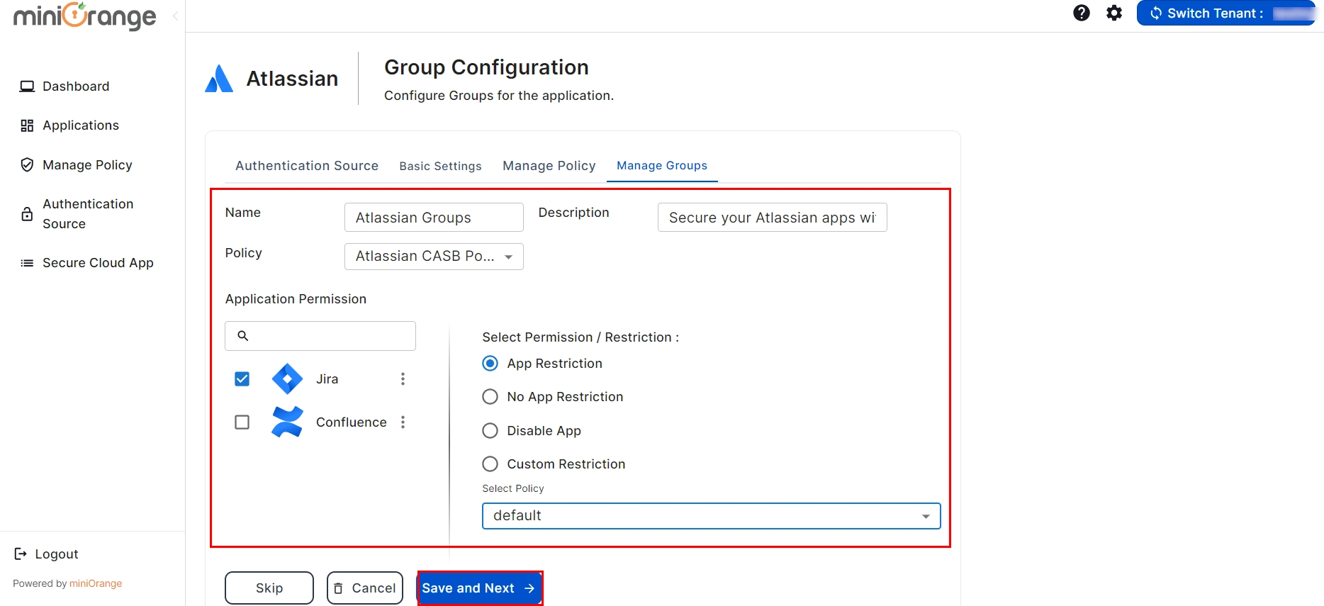 Atlassian CASB Groups submit app restriction group