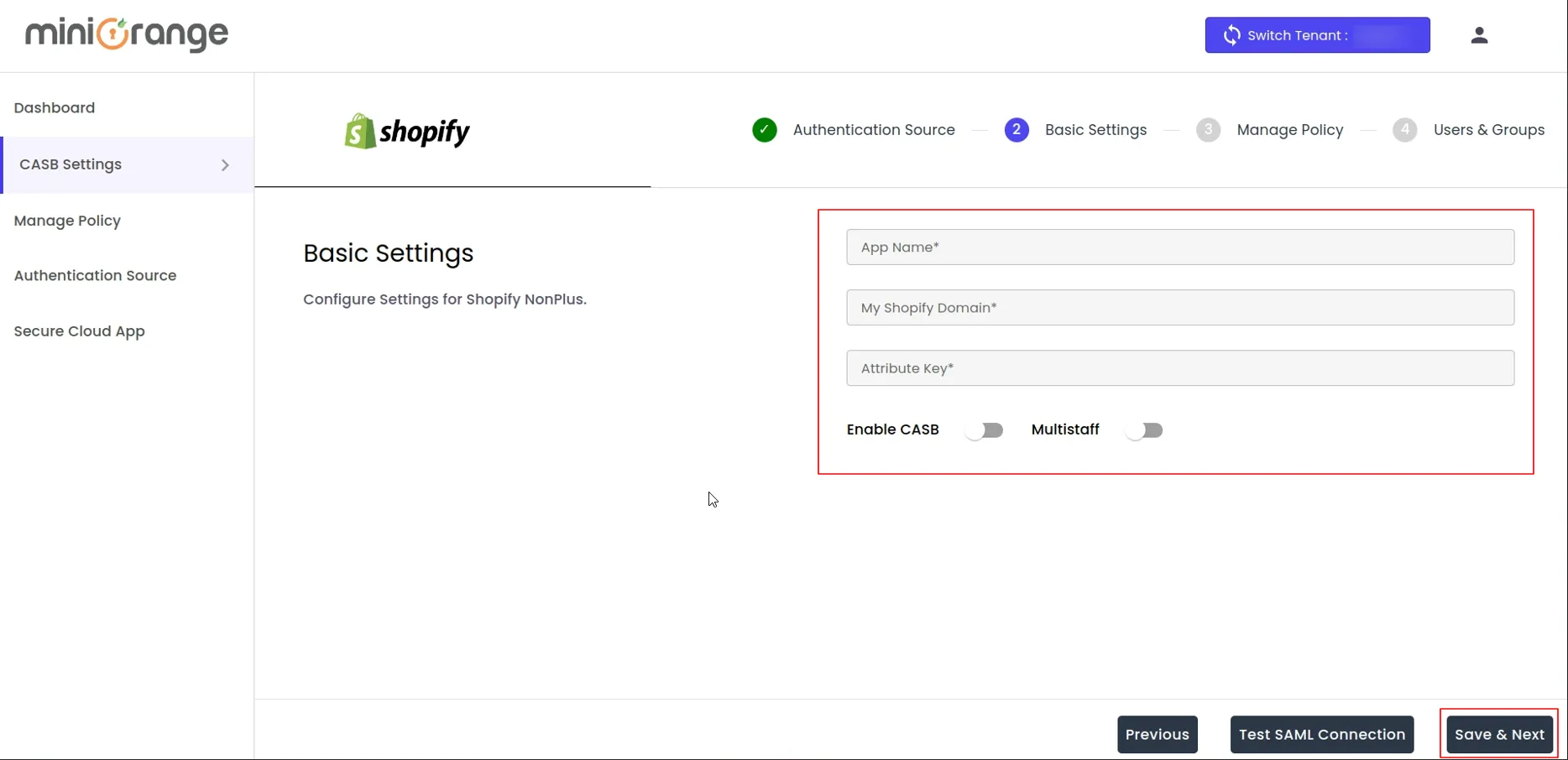 shopify non plus CASB Basic Settings Details