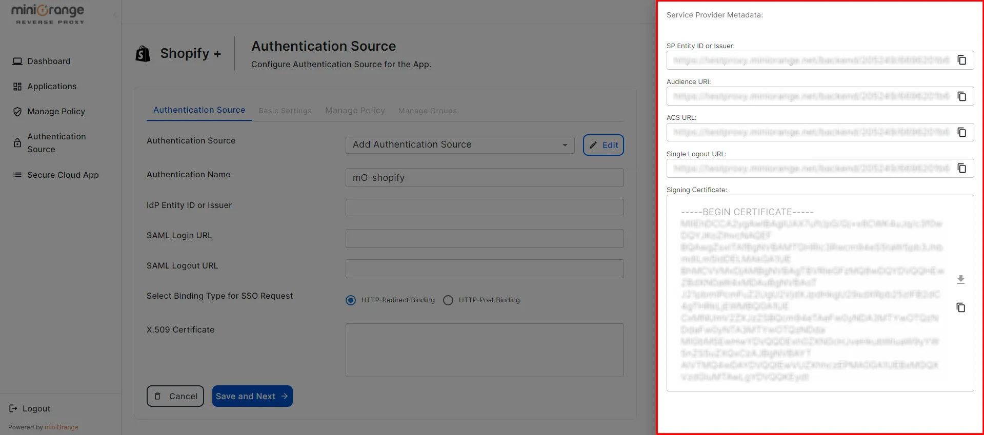 shopify plus CASB Access Restriction Generate Metadata SAML Flow