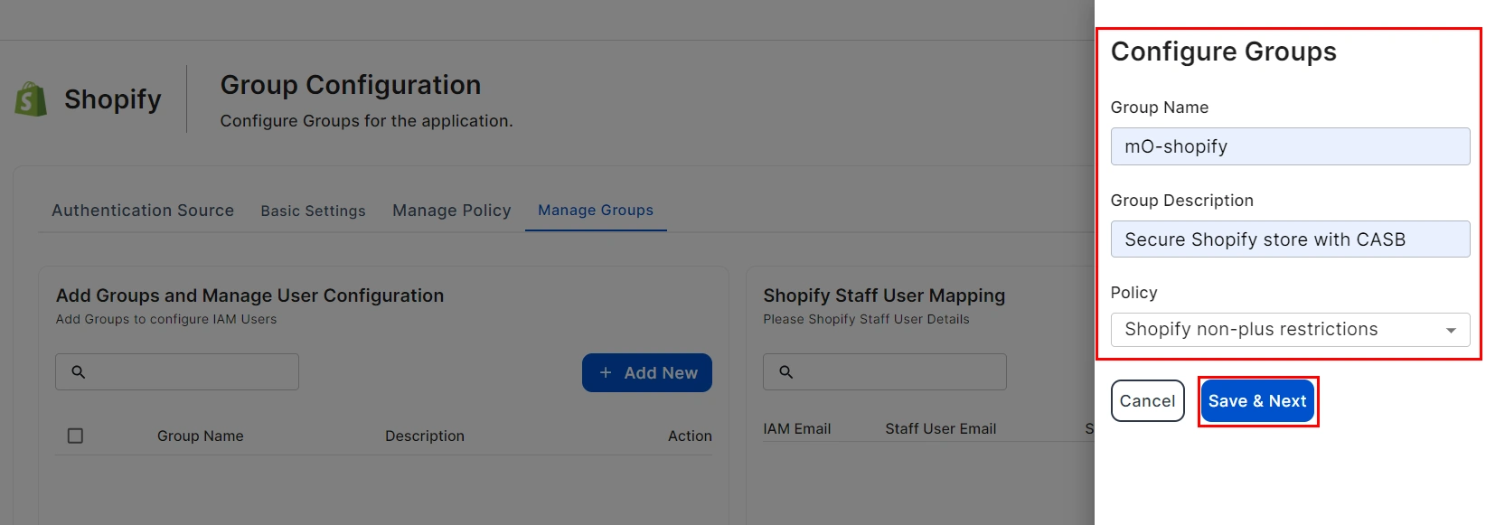 shopify non plus CASB Groups submit app restriction group