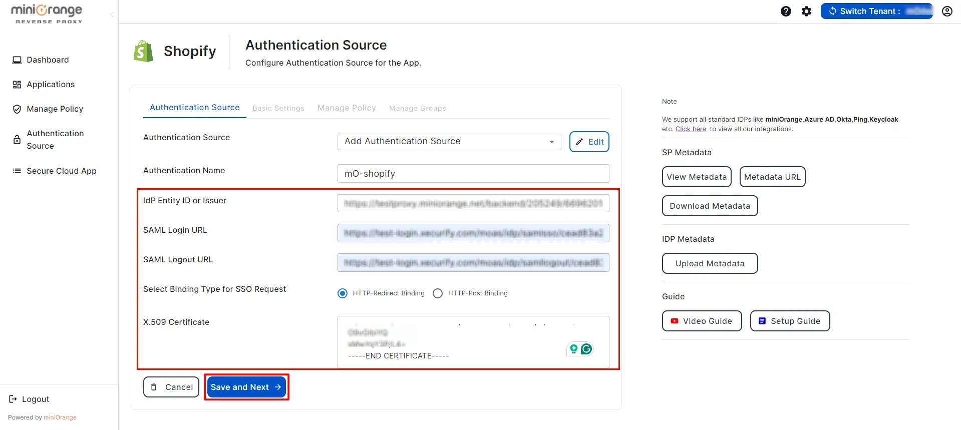 shopify non plus CASB Access Restriction SP metadata IDP Details