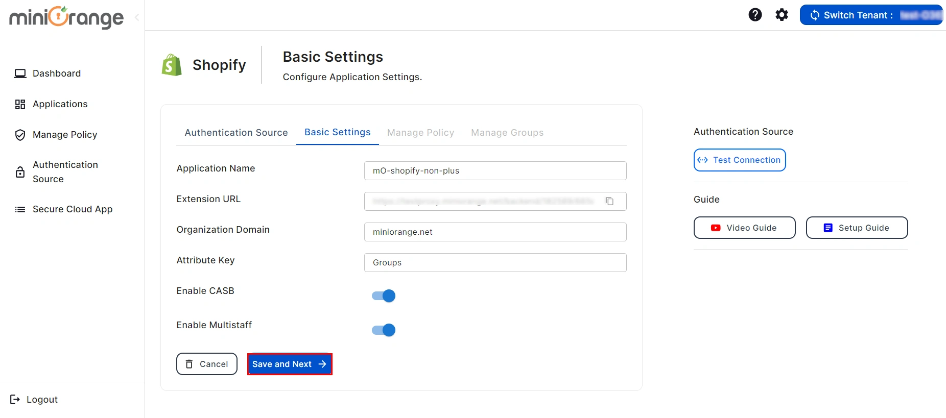 shopify non plus CASB Basic Settings Details