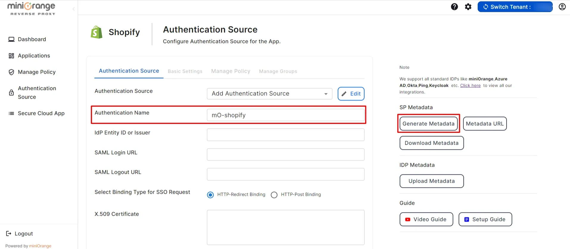 shopify non plus CASB Authentication Generate Metadata