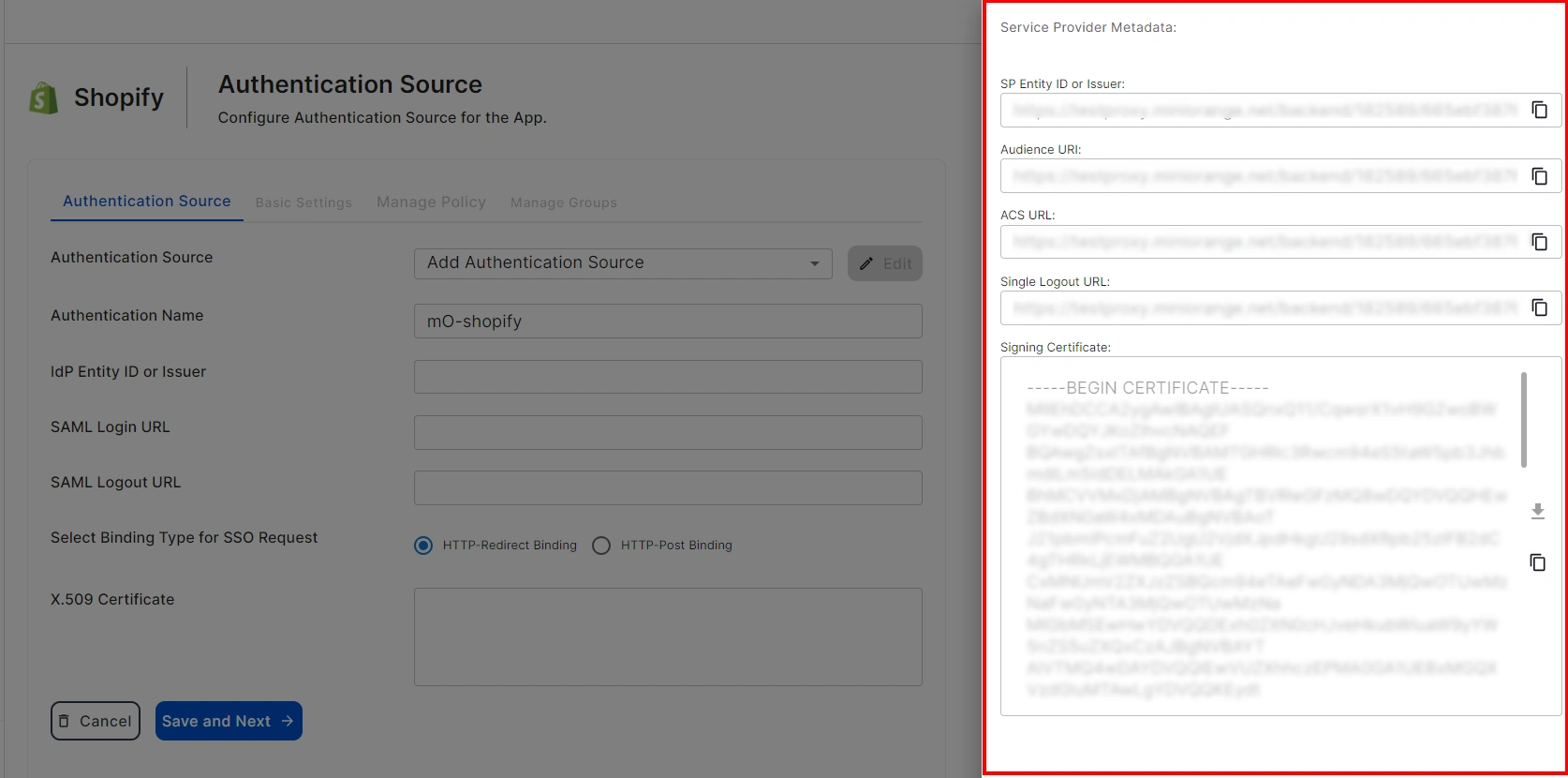 shopify non plus CASB Access Restriction Generate Metadata SAML Flow