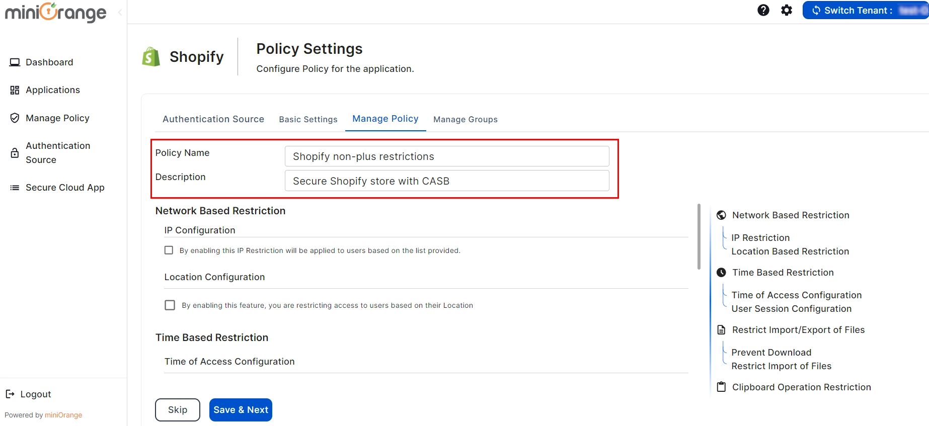 shopify non plus CASB policies Enable Time Restriction