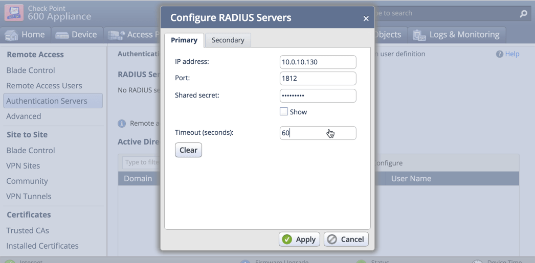 Check Point VPN Multi-Factor Authentication: Configure RADIUS Server form