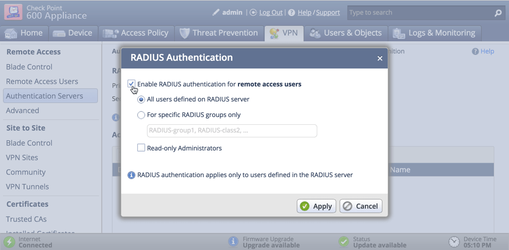 Check Point VPN MFA: Enable Radius authentication for remote access users