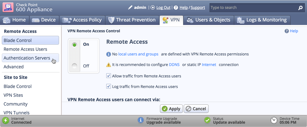 Check Point VPN Two-Factor Authentication: Remote access authentication servers