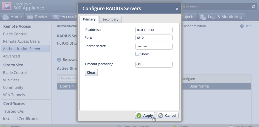 Check Point VPN 2FA: Save RADIUS server 