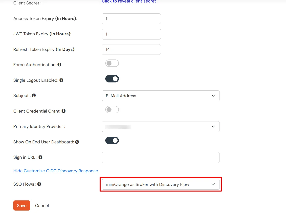 Select miniOrange as Broker with Discovery Flow from dropdown  OAuth SSO