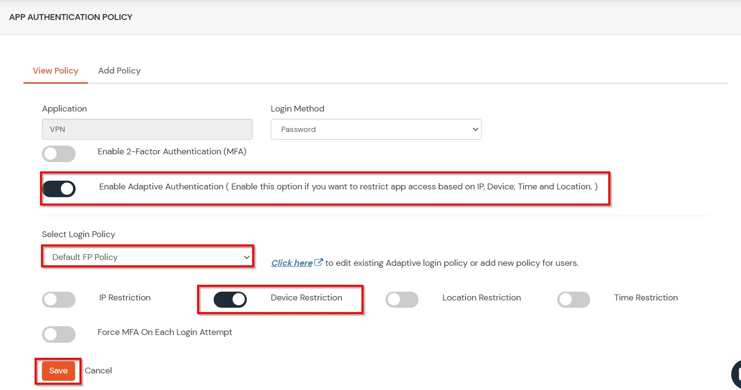 FibreCRM Single Sign-On (SSO) Restrict Access save device restriction policy