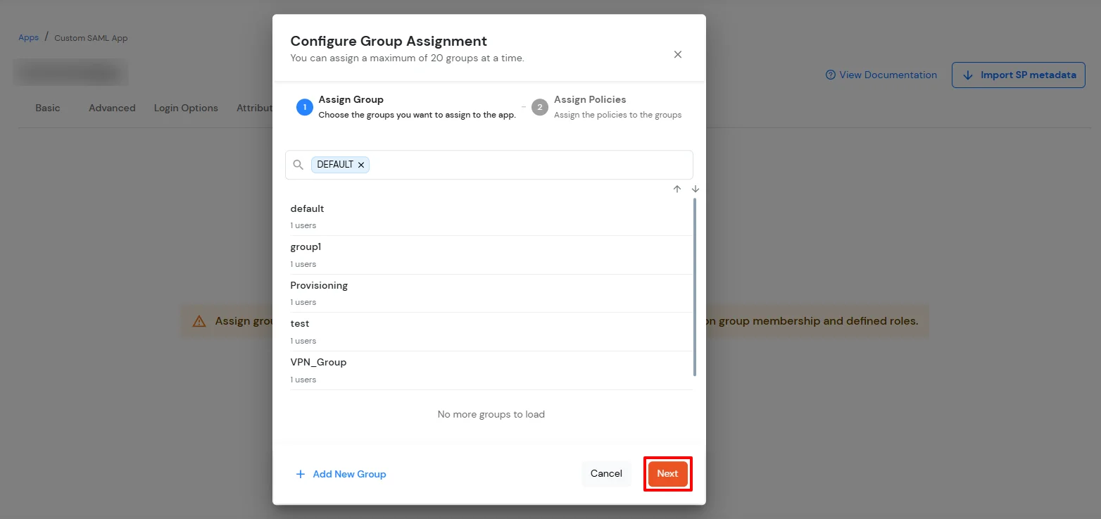 Configure Slack Single Sign-On (sso) Select Default as group
