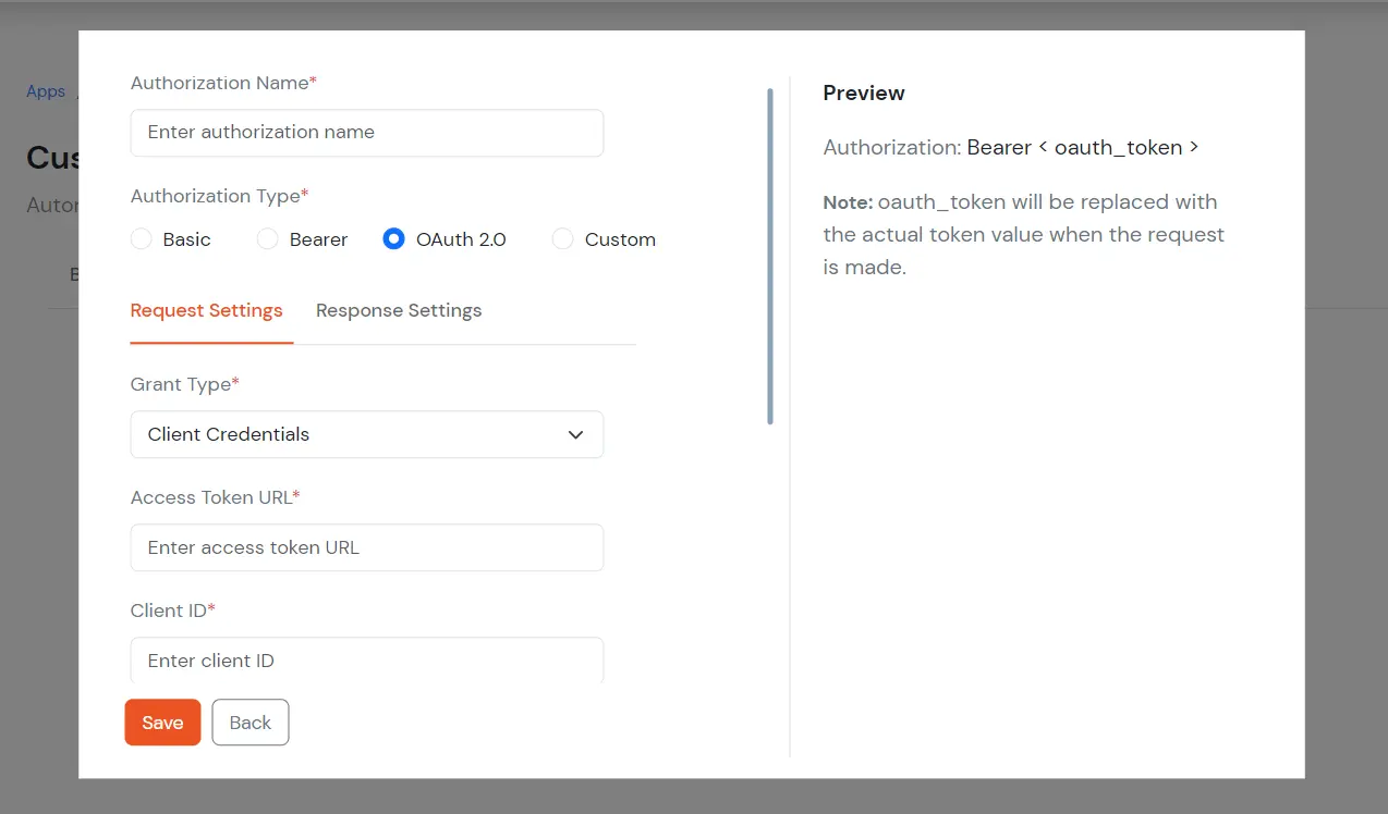 Custom Provisioning App - Authorization Type Basic - Authorization Type OAuth