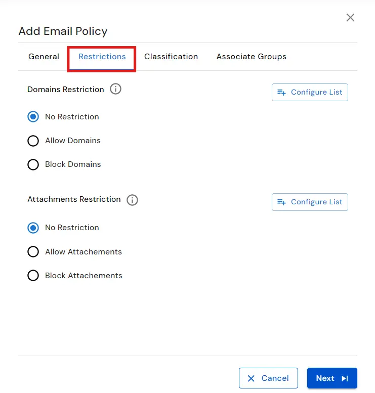 : Email DLP for Email Security  | Select Type of Domain restriction