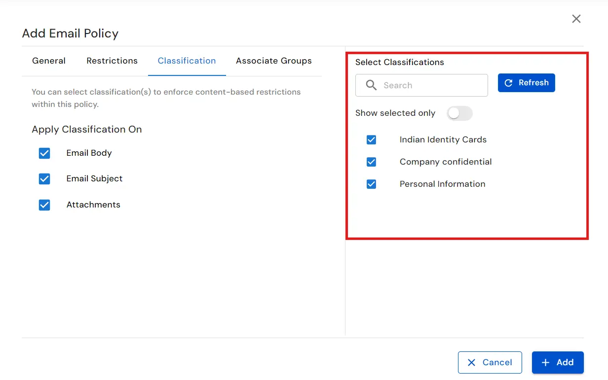 : Email DLP for Email Security  | Selected Classification types