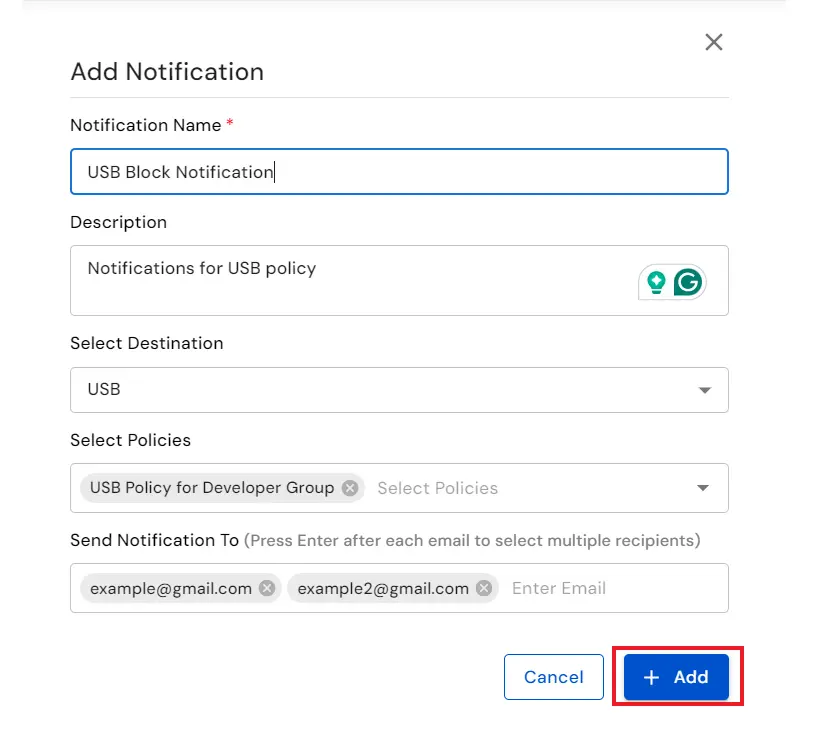 Configure notification settings for policy breach alerts  | Add Notification 