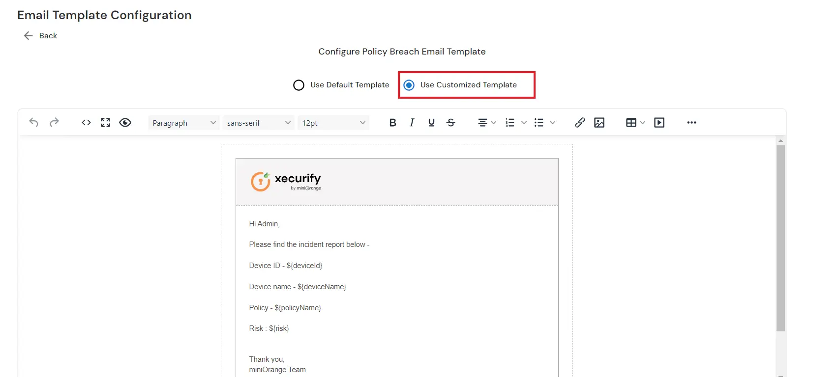 Configure notification settings for policy breach alerts  | Customized Template 