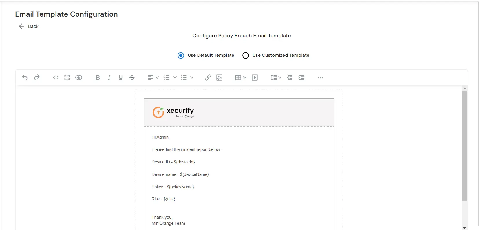 Configure notification settings for policy breach alerts  | Default Template 