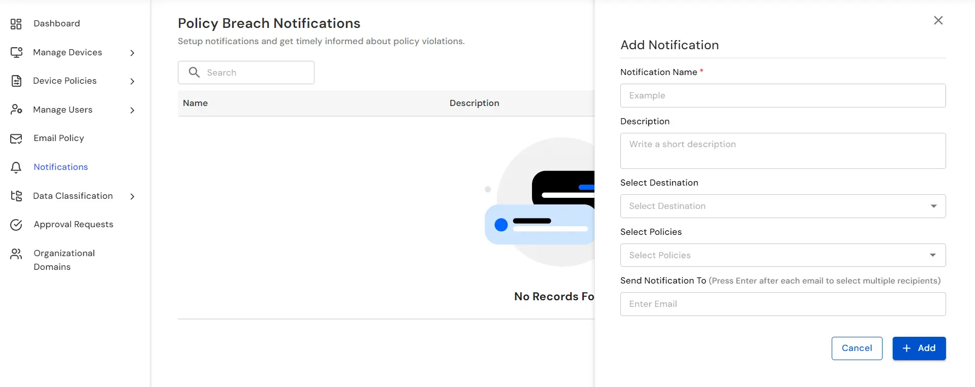 Configure notification settings for policy breach alerts | notification form