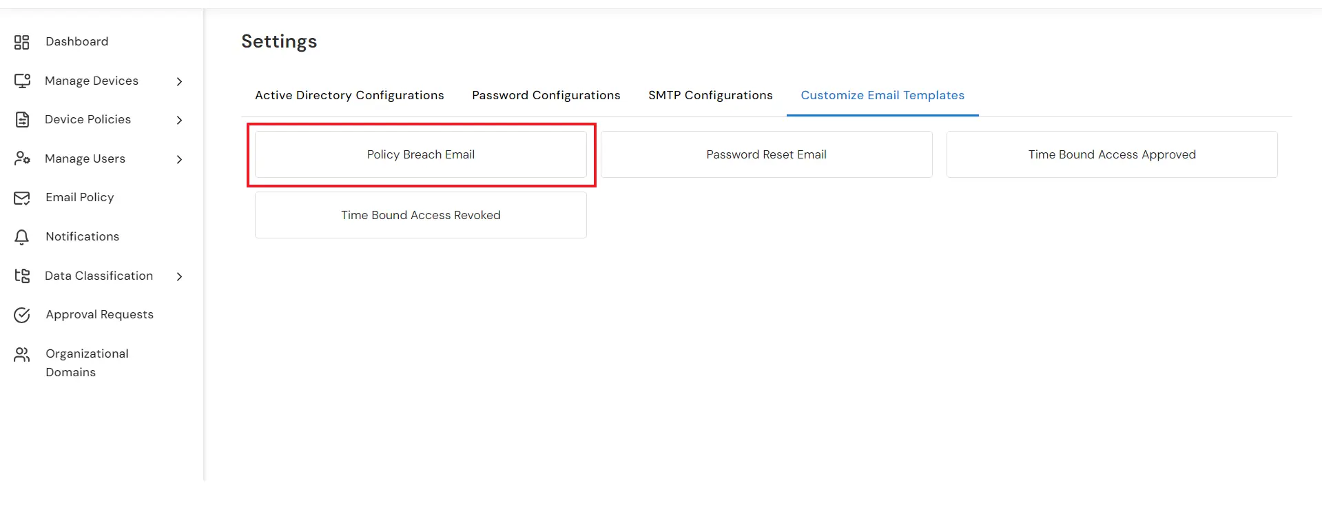 Configure notification settings for policy breach alerts  |  Policy Breach button