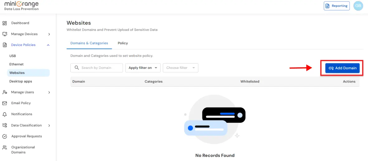DLP domain blocking and website policy configuration for preventing data breaches  | Add Domains 