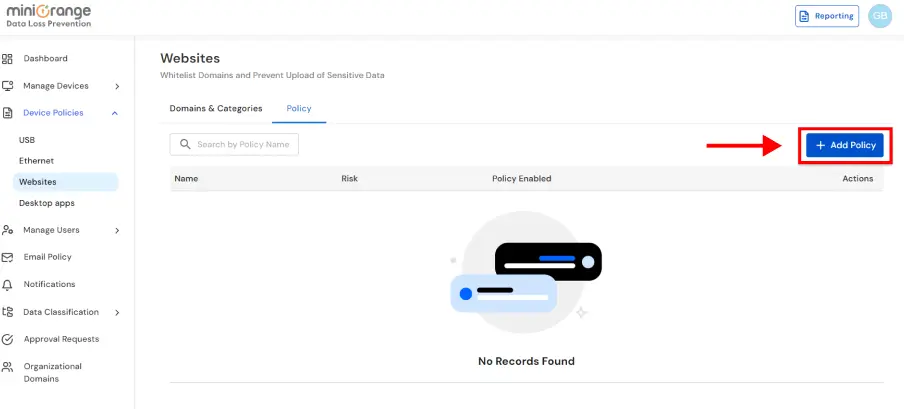 DLP domain blocking and website policy configuration for preventing data breaches | Add Website policy