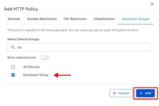 DLP domain blocking and website policy configuration for preventing data breaches  | Associate Groups tab 