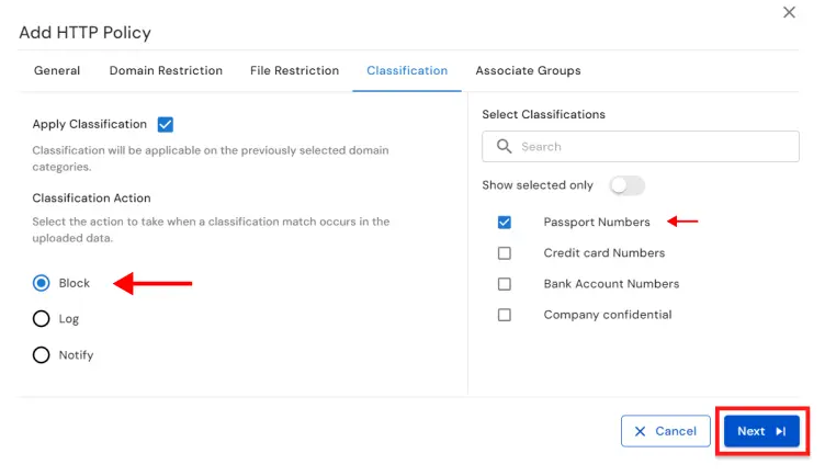 DLP domain blocking and website policy configuration for preventing data breaches  | Classification tab 