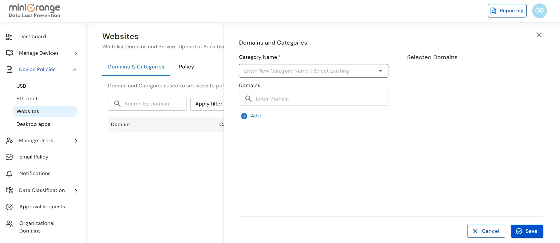 DLP domain blocking and website policy configuration for preventing data breaches  | Add Catergory name 