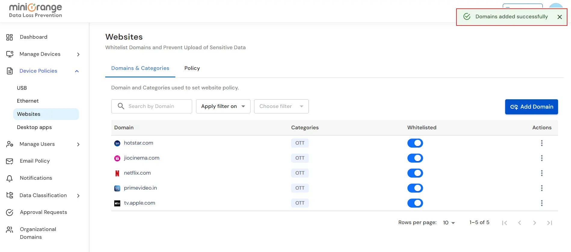 DLP domain blocking and website policy configuration for preventing data breaches  | Configurations saved succesful 