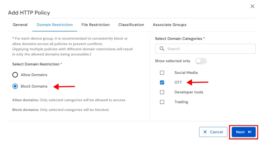 DLP domain blocking and website policy configuration for preventing data breaches  | Click on Domain Restriction tab 