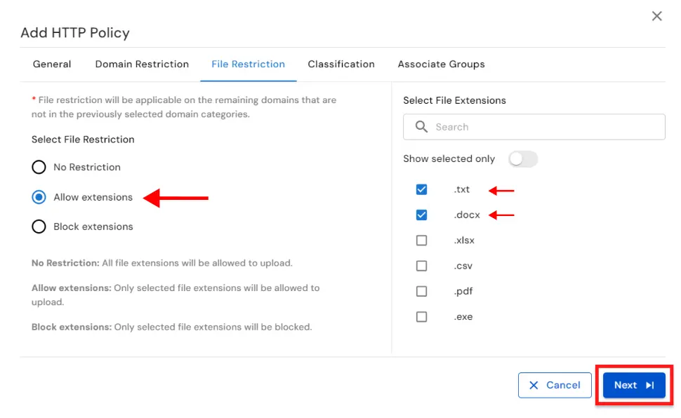 DLP domain blocking and website policy configuration for preventing data breaches  | File Restriction tab  