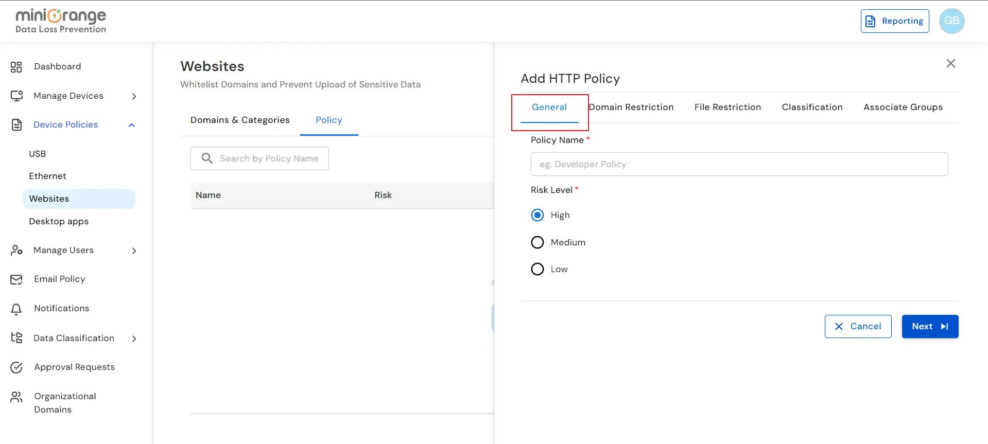 DLP domain blocking and website policy configuration for preventing data breaches | Click on general tab