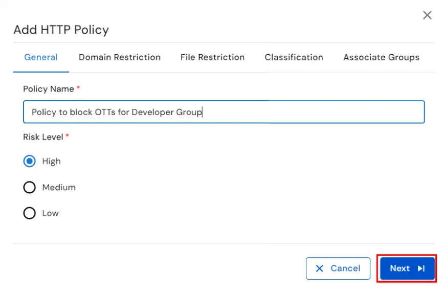 DLP domain blocking and website policy configuration for preventing data breaches | Choose severity level