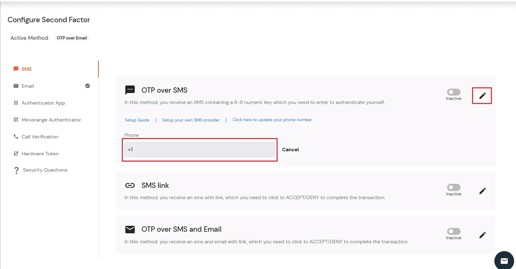 configure OTP over SMS 2FA method