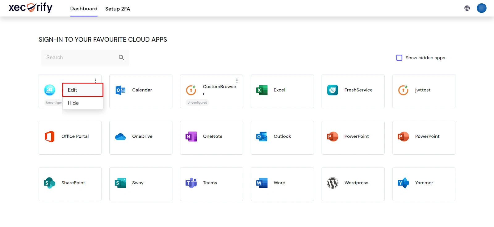 miniOrange End User Self-Service Portal: Edit Dashboard Application