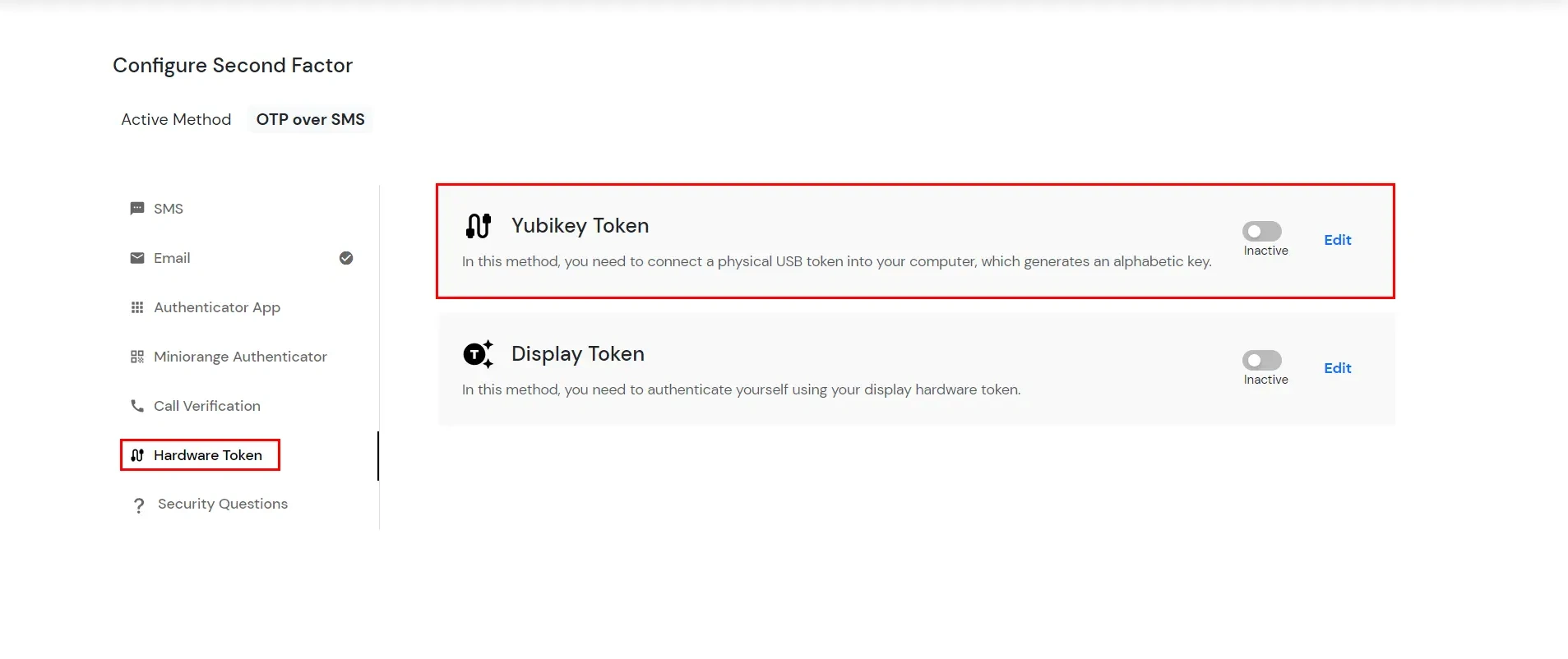 select YubiKey Hardware Token 2FA method for admin