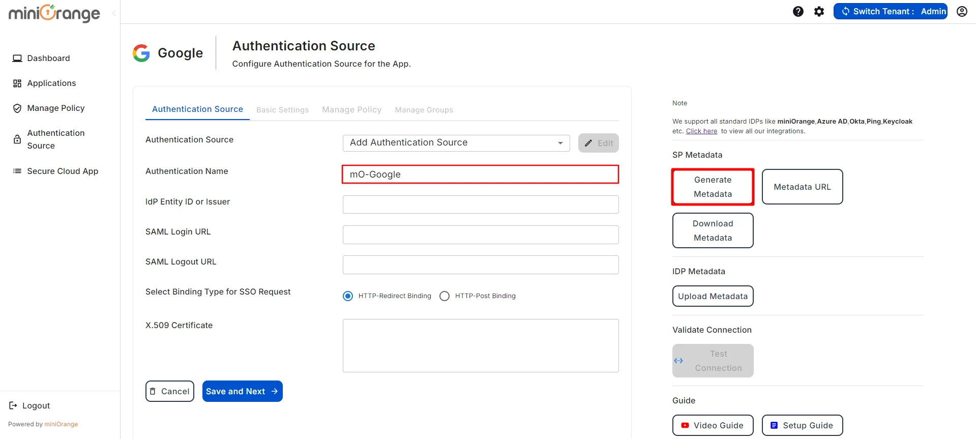 Google CASB Authentication Generate Metadata