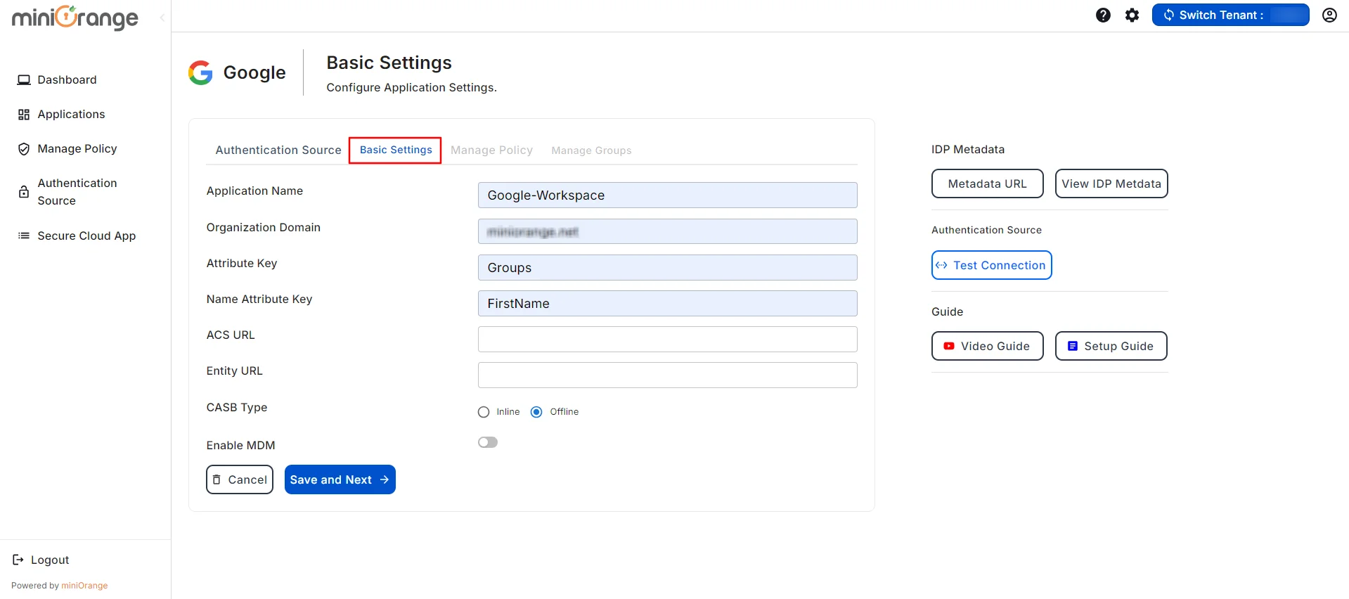 Google CASB Basic Settings Details