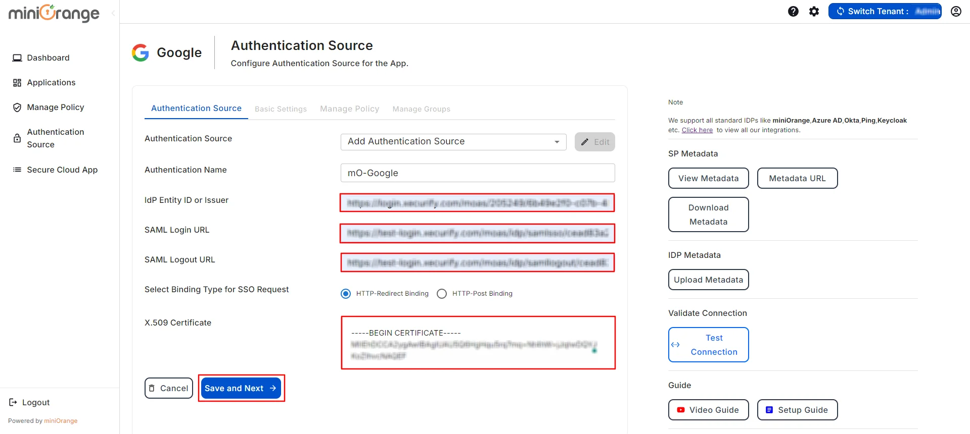 Google CASB Access Restriction SP metadata IDP Details