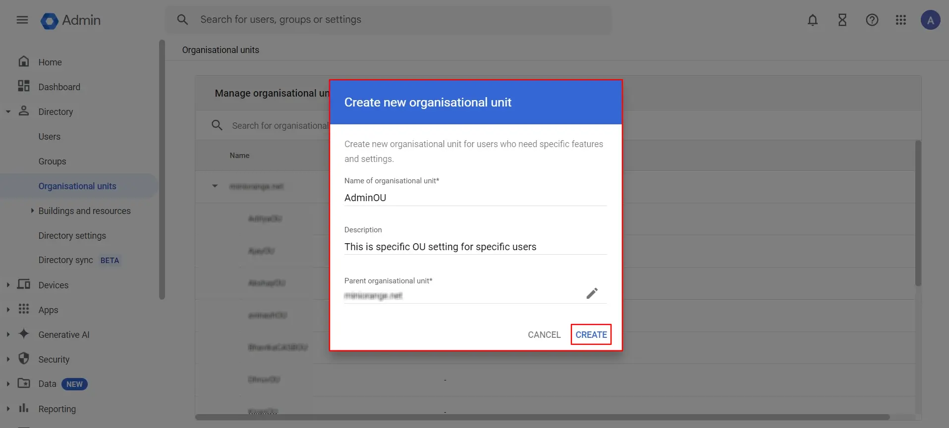 Google CASB Create organisational unit